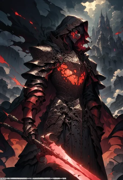 man, a proud warrior wearing intricate medieval black HKStyle armor and an epic black ornamented mask, holding a great crimson glowing sword, red glooming eyes, very wide shoulders, wearing big gauntlets, epic composition. The warrior stands heroic with a ...