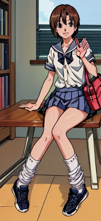 (highest quality,4K,8K,High resolution,table top:1.2), super detailed, (realistic,photorealistic,photo-realistic:1.37),((full body)),((very-Short-hair girl)), (grin and laugh),((waving)),She wears a  high-school uniform, white-loose-socks,black-sneakers,ha...