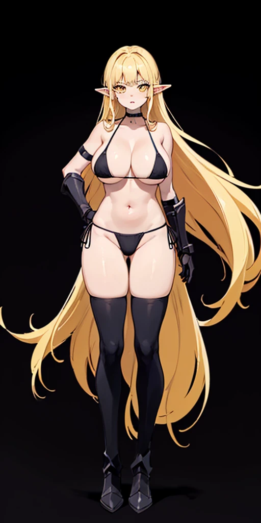 ((BLACK BACKGROUND1:2)) masterpiece, best quality, high quality, 1solo white SKIN elf, long hair, blonde hair, yellow eyes, full body, black bikini, looking at viewer, shiny, black thighhighs, high boots,shoulder armor, faulds, poleyn, gloves, gauntlets, F...