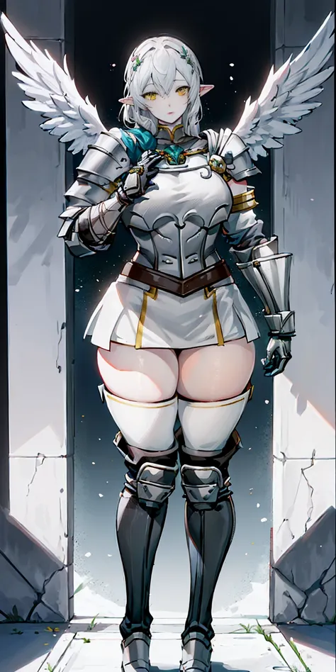 masterpiece, best quality, high quality, 1solo white SKIN elf, long hair, white hair, yellow eyes, full body, def_effie, blue breastplate, looking at viewer, shiny,armor, thighhighs, high boots,shoulder armor, faulds, poleyn, gloves, gauntlets