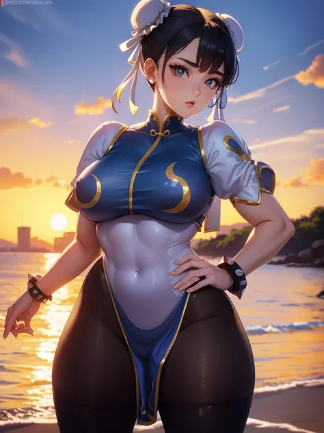 Chun-Li,linda jovem com uniforme azul classico, coxas grossas, belas coxas sexy,um pouco muscolosa, cabelo preso, black tights,cidade chinesa a tarde, Standing alone.solo, roupa azul, saia azul, olhar serio, belos olhos, belo rosto bem detalhado, olhos e s...