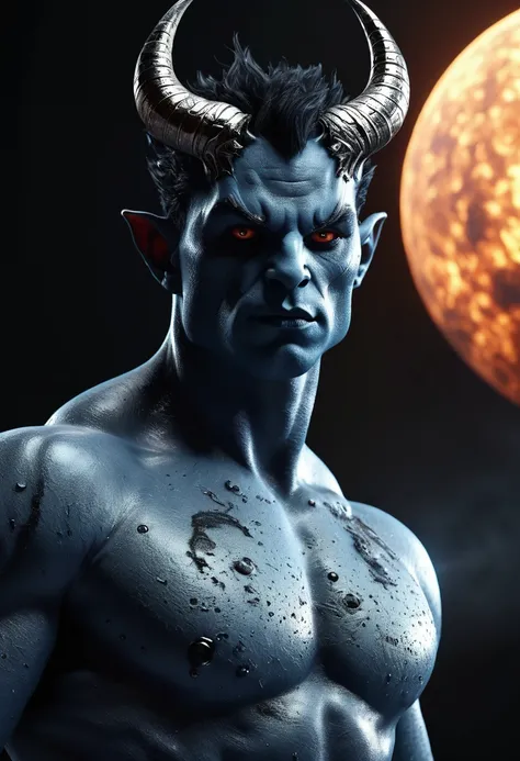 Generate a full half body image of Planet Mercury in the form of a Demon in a movie, hyper realistic, Ultra HD, 8K resolution, realistic image, highly detailed 