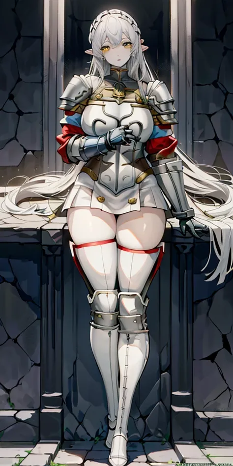 masterpiece, best quality, high quality, 1solo white SKIN elf, long hair, white hair, yellow eyes, full body, def_effie, blue breastplate, looking at viewer, shiny,armor, thighhighs, high boots,shoulder armor, faulds, poleyn, gloves, gauntlets