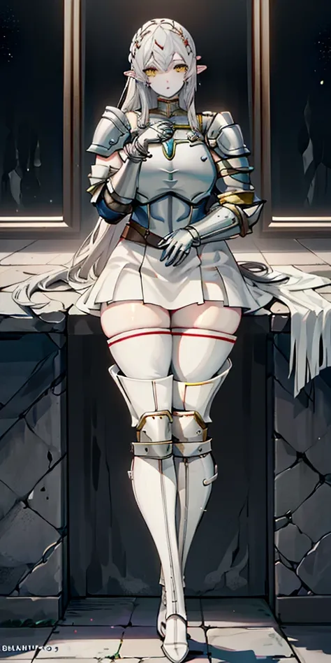 masterpiece, best quality, high quality, 1solo white SKIN elf, long hair, white hair, yellow eyes, full body, def_effie, blue breastplate, looking at viewer, shiny,armor, thighhighs, high boots,shoulder armor, faulds, poleyn, gloves, gauntlets