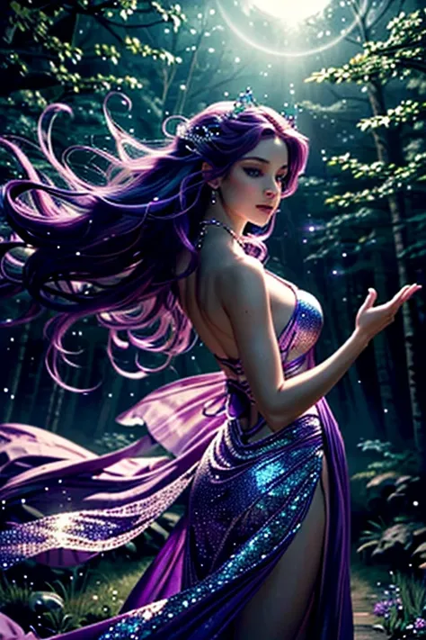 (best quality,4k,8k,highres,masterpiece:1.2),ultra-detailed,(realistic,photorealistic,photo-realistic:1.37),portrait,dancing,beautiful detailed eyes,beautiful detailed lips,purple-haired,sparkling wand,dynamic movement,fantasy,flowing robe,spellcasting,enc...