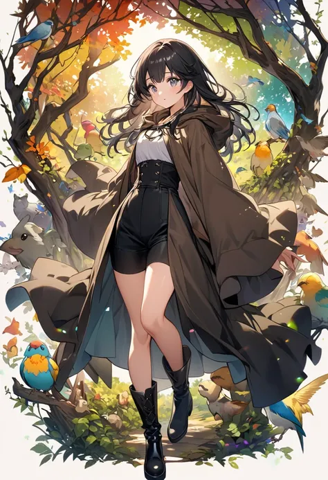 high detail、teenage wizard girl、black hair medium long、black high waist shorts、long black boots without laces、wizard&#39;s robe、mysterious forest、lots of animals、birdie、facing forward、Colors of the four seasons