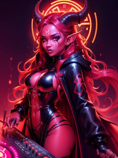 Detailed DJ girl, DJ Controller with Neon, Super vibrant music lights, tiefling, female, solo, red skin, red colored skin, (long horns, black horns, red hair) make-up, beautiful, piercings, long pointy ears, piercings in ears, wearing long robes, black rob...