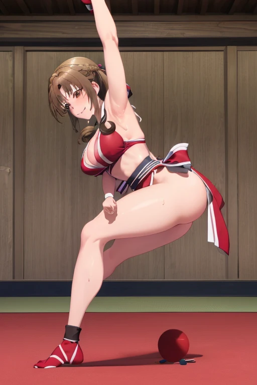 masterpiece, best quality, beautiful art, high resolution, well formed hands, body and fingers, 1 woman, solo, Mamako Oosuki, adult, big breasted, cleavage full body, long hair, hair ornament, cosplaying as Mai Shiranui, gorgeous legs and thighs, sexy japa...