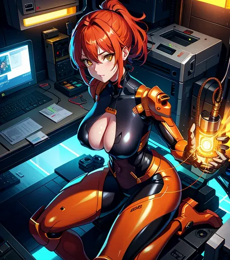 High resolution, highest quality, figure,  super detailed, (detailed face), (fine eyes), cinematic lighting, highest quality, very detailed, masterpiece,1 girl, alone, redhead, yellow eyes, bangs, ponytail, mechanical spine, Exosuit,  wire and cable, shini...