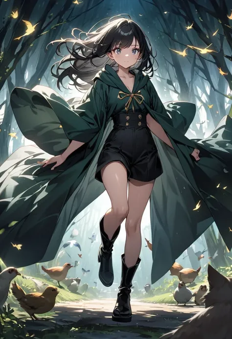 high detail、teenage wizard girl、eye reflection、black hair medium long、black high waist shorts、long black boots without laces、wizard&#39;s robe、mysterious forest、lots of animals、birdie、facing forward、Japanese style、Powerful movement