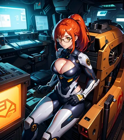 High resolution, highest quality, figure,  super detailed, (detailed face), (fine eyes), cinematic lighting, highest quality, very detailed, masterpiece,1 girl, alone, redhead, yellow eyes, bangs, ponytail, mechanical spine, Exosuit,  wire and cable, shini...