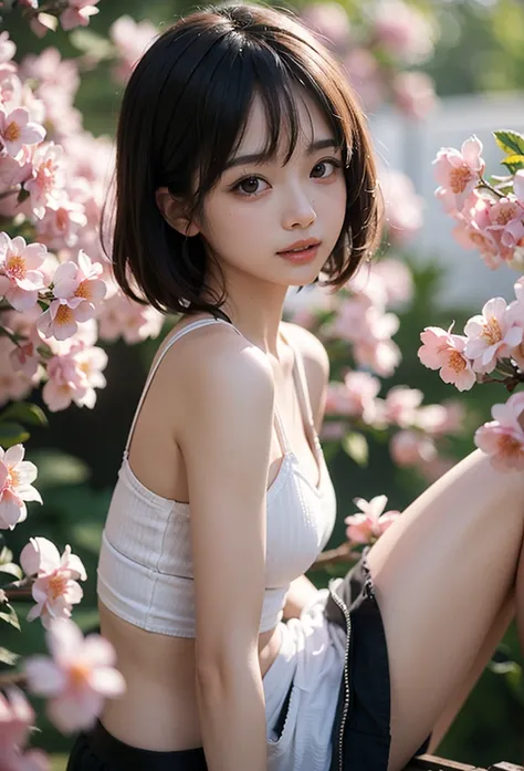 (masterpiece, best quality), 1girl, cute,plum blossom tree avenue, skirt lift both hands, upskirt, skirt flipped, widening skirt, (visible panty), beautiful detailed teeth, eyes with large brown irises, small mouth, fresh lips,nose blush, ,wavy short hair,...