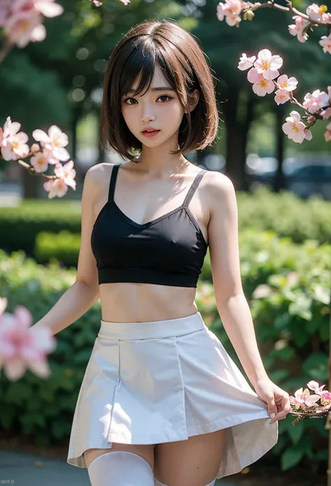 (masterpiece, best quality), 1girl, cute,plum blossom tree avenue, skirt lift both hands, upskirt, skirt flipped, widening skirt, (visible panty), beautiful detailed teeth, eyes with large brown irises, small mouth, fresh lips,nose blush, ,wavy short hair,...