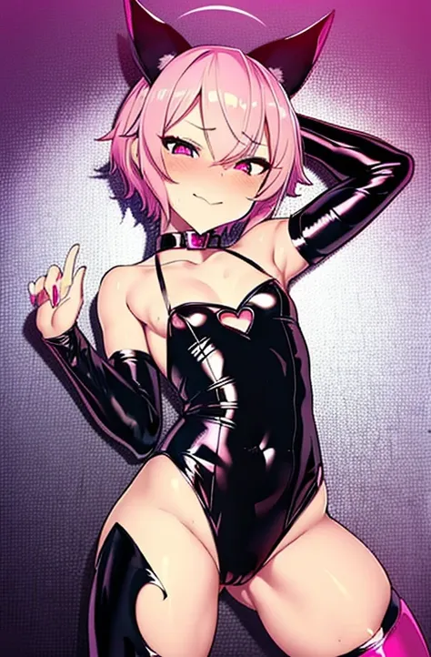 There is a cartoon picture of a feminine boy with short pink hair,  anime style, devil femboy, flat anime style, cute, crossdresser, femboy body, prostitute costume, posing in a sexy pose, horny look, hd, 4k, be familiar with