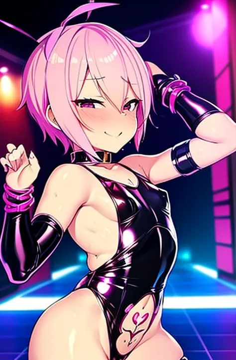 There is a cartoon picture of a feminine boy with short pink hair,  anime style, devil femboy, flat anime style, cute, crossdresser, femboy body, prostitute costume, posing in a sexy pose, horny look, hd, 4k, be familiar with