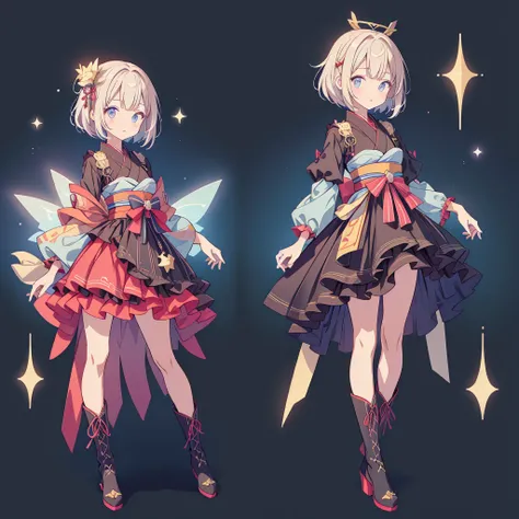 1girl,vtuber-fullbody、chara-sheet、Front, side, back、highest quality、A space-like remake of yukata and gothic lolita in black and navy blue、A space-themed oiran frill dress、Knee-high boots、８K,、Star Fairy、masterpiece、official art、Super detailed、super beautif...