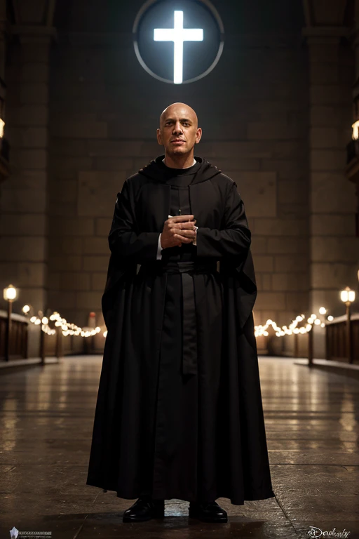 Create a Disney Pixar-Inspired Movie Poster. With the title “João de Penna”, a holy Franciscan monk, 60 anos, afinar, curto, um pouco curvado, He wears a black cassock without buttons, colarinho romano com decote em V, uma mozeta na cintura e uma faixa na ...