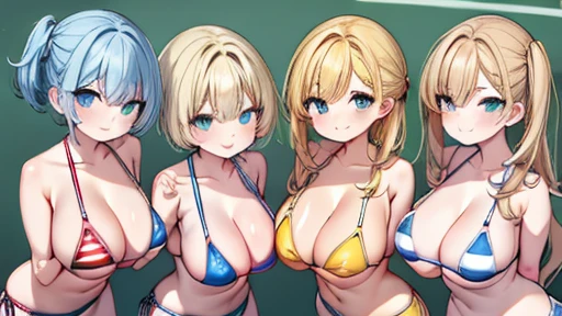 (master piece), highest quality, (colorful:1.1), (5 girls, group photo:1.4), (slim:1.1), (big breasts:1.5), (black skin:1.1), (muscle tissue:1.1), blonde hair, silver hair, dual horsetail, (leaning forward:1.4), (she keeps her mouth open, Smile:1.1), (wink...