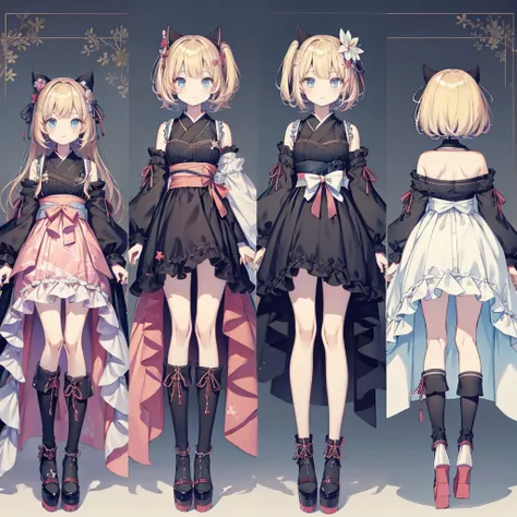 1girl,vtuber-fullbody、chara-sheet、Front, side, back、highest quality、A space-like remake of yukata and gothic lolita in black and navy blue、A space-themed oiran frill dress、Knee-high boots、８K,、Star Fairy、masterpiece、official art、Super detailed、super beautif...