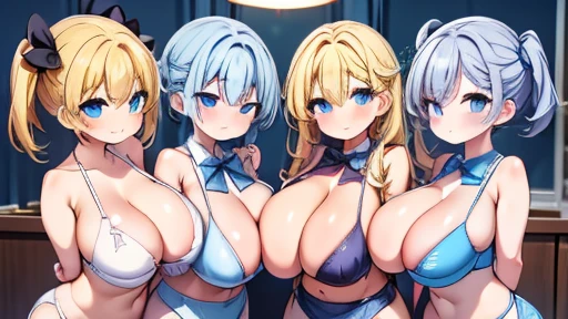 (masterpiece), highest quality, (10 girls, group photo:1.4), beautiful body, (huge breasts),(huge breasts)),(saggy breasts))))), (white skin)), blonde hair, silver hair, twin tails, Braid, eyes on hair, (lean forward)), ((Grinning face))), ((sexy underwear...