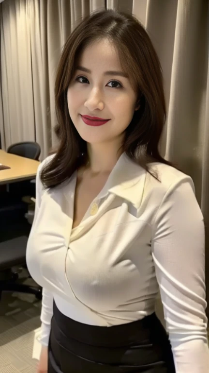 ((highest quality, 8K, masterpiece, portrait: 1.3)), (looking at the viewer), (full shot:0.85), attractive business mature woman, 1 person, a little chubby:0.４,brown medium hair、 white collared shirt, gray tight skirt,((big breasts 1.8)) (big pelvis:0.9), ...