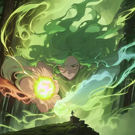 (best quality, highres, realistic:1.37), young wizard protagonist of an anime with green hair casting a fireball in a forest, detailed magical effects, mystical atmosphere, enchanted woodland, vibrant colors, dynamic action, wisps of smoke, flickering flam...