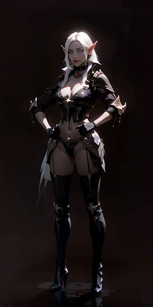 ((BLACK BACKGROUND1:2)) masterpiece, best quality, high quality, 1solo white SKIN elf, long hair, white hair, white eyes, full body, black bikini, looking at viewer, shiny, black thighhighs, high boots,shoulder armor, faulds, poleyn, gloves, gauntlets, FEE...