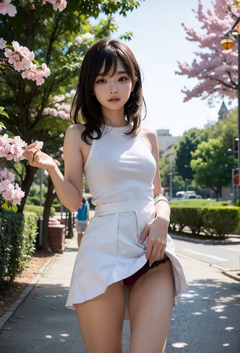 (masterpiece, best quality), 1girl, 17yo,cute,cherry blossom tree avenue, (she show her panty),skirt lift both hands,upskirt, skirt flipped, widening skirt, beautiful detailed teeth, eyes with large brown irises, small mouth, fresh lips,nose blush, ,wavy s...