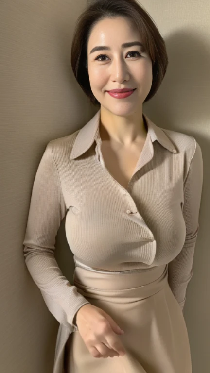 ((highest quality, 8K, masterpiece, portrait: 1.3)), (looking at the viewer), (full shot:0.85), attractive business mature woman, 1 person, a little chubby:0.４,brown medium hair、 white collared shirt, gray tight skirt,((big breasts 1.8)) (big pelvis:0.9), ...