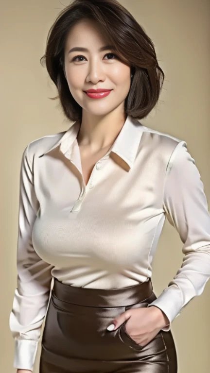 ((highest quality, 8K, masterpiece, portrait: 1.3)), (looking at the viewer), (full shot:0.85), attractive business mature woman, 1 person, a little chubby:0.４,brown medium hair、 white collared shirt, gray tight skirt,((big breasts 1.8)) (big pelvis:0.9), ...