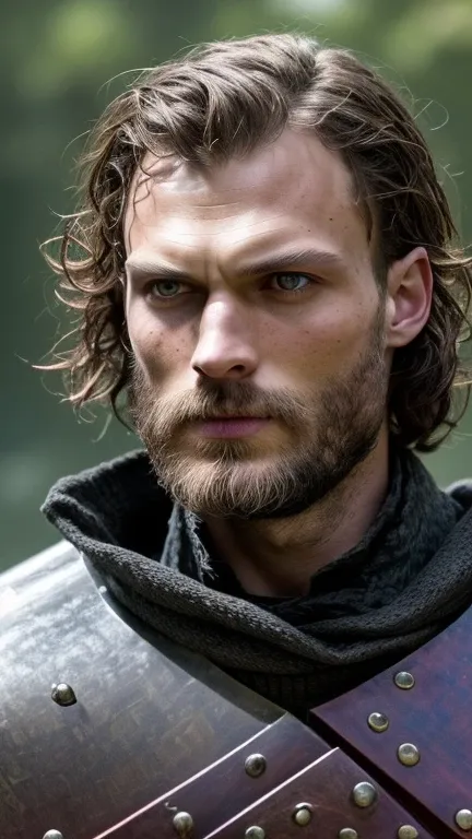 Templar, Using Viking armor, medieval, Knightfall series, dark short hair, focus on the details of the face, serious look looking at the center of the image, wearing tunic, dark beard, similar to actor Jamie Dornan, super detail-oriented, realistic, Jamie ...