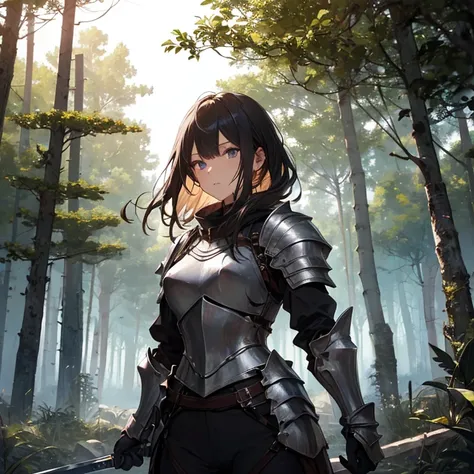 A group of  female knight, (in forest), various hair styles, harem, wearing armored clothes, metal armor, night, details face, trousers, seducing, sword, 