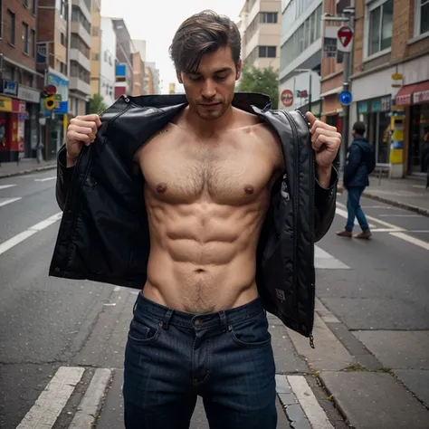 Man abs underwear hairy open jacket public