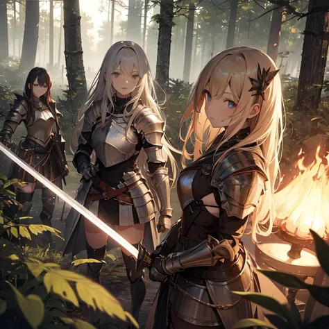 A group of  female knight, (in forest), various hair styles, harem, wearing armored clothes, metal armor, night, details face, , short skirt, seducing, sword 