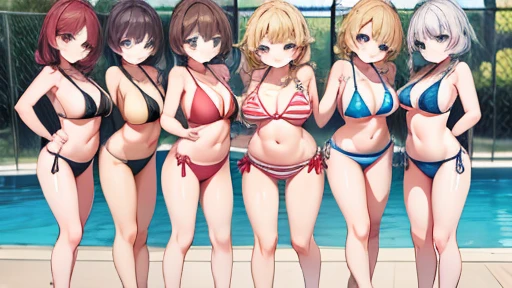 perfect anime illustration, 12 girls, clone, identical sisters, sisters flock together, background sisters, hairstyle that suits yous, brown hair, blonde hair, curly hair, hairstyle that suits you, hazel eyes, smile, ((bikini, 一致するbikini, barefoot)), indoo...