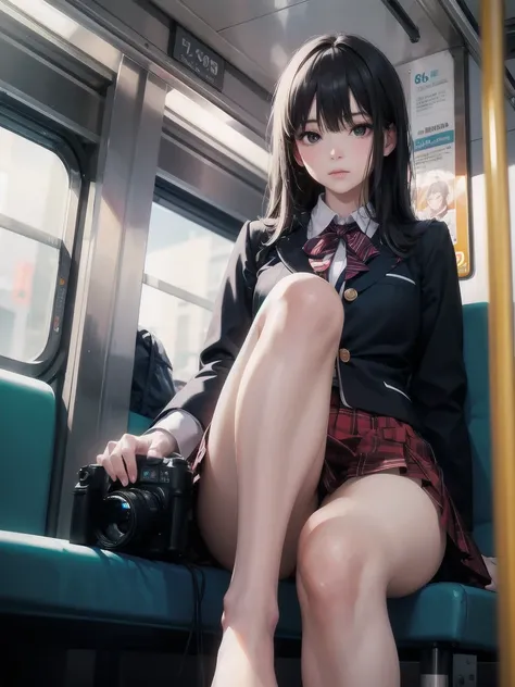 "(masterpiece, High resolution, Ultra High resolution, 4k) black hair, 14 year old japanese girl, uniform skirt, emphasize the thighs, white thighs, soft thighs, gorgeous thighs, sitting on the train, facing angle, (angle from below),sitting on a train sea...