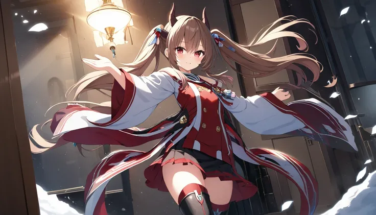 (hyper extreme detailed),(masterpeace),(hyper extreme),(photorealistic),CG,(colour:1.2), beautiful lighting,light from the front,rating:safe,solo, haruna,four horns,brown_hair,twintails,long_hair,red eyes,hair_ornament,zettai_ryouiki,thigh_boots,short_dres...