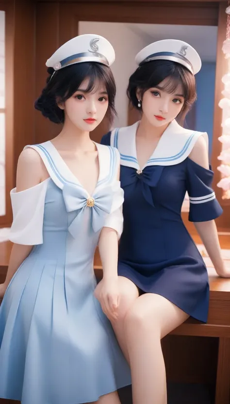 two women in sailor costumes posing for a picture in front of a mirror, trending on cgstation, trending at cgstation, japanese goddess, realistic anime 3 d style, 8k high quality detailed art, guweiz, lunar themed attire, beautiful alluring anime woman, an...