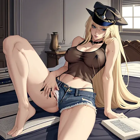 One blonde beauty, a charming face, tall, long hair, ultra-high quality, masterpiece, black police hat, white tank top, see-through breasts, belly button exposed, sexy pose, sexy body, ripped denim shorts, crotch emphasis, legs spread, bedroom, alone in th...