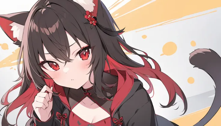 very beautiful girl、Kurokami、long、perm、red eyes、beautiful eyes、Cat ear、random background