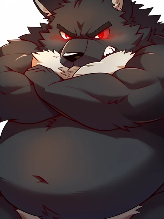 solo, male, wolf, very obese, musclegut, mature male, angry, arms crossed and fat, full black dark fur, red eyes, obese body hair, half-body, white background