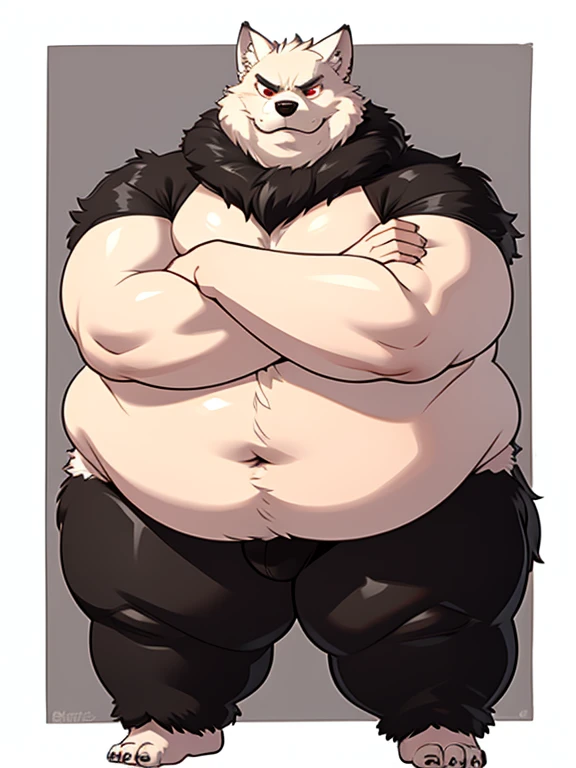 solo, male, wolf, very obese, musclegut, mature male, angry, arms crossed and fat, full black dark fur, red eyes, obese body hair, half-body, white background, by mystikfox61, by bebebebebe