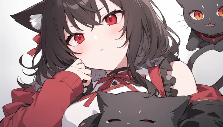 very beautiful girl、Kurokami、long、perm、red eyes、beautiful eyes、Cat ear、Unique composition