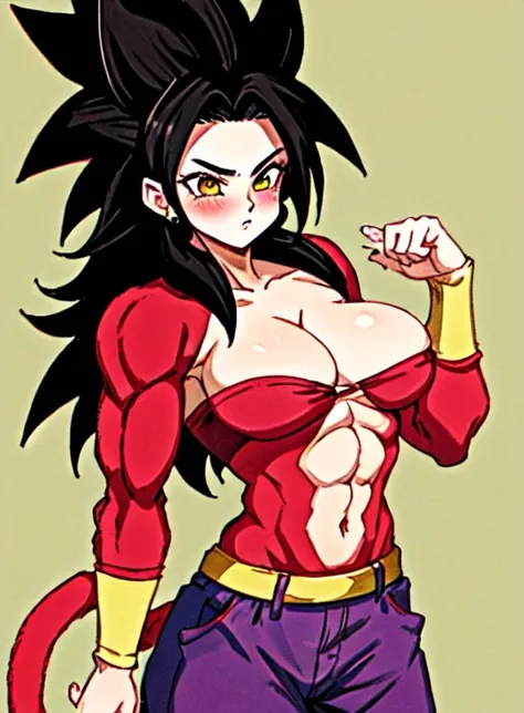 best quality, (masterpiece:1.5),(ultra-detailed), (high quality:1.3), (high resolution), ssj4, abs,  blush, body fur, jewelry, long hair, monkey tail, muscular,  pectorals, red fur,  solo, spiked hair,  tail,  Caulifla_DB,  baggy pants,yellow eyes, 1girl, ...