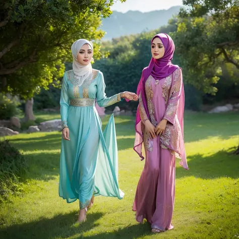 beautiful muslimah girls, wearing traditional silk baju kurung, ultra-detailed, detailed faces, detailed skins, 8k masterpieces, cinematic lighting, firm push-up bosom, modest bosom, slim and slender body, long hijab, eid mubarak, in malay village, in the ...