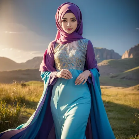 half body, beautiful muslimah girls, wearing traditional silk baju kurung, ultra-detailed, detailed faces, detailed skins, 8k masterpieces, cinematic lighting, firm push-up bosom, modest bosom, slim and slender body, long hijab, eid mubarak, in malay villa...