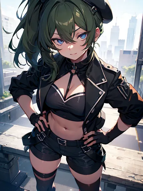 ubel,dark green hair,long hair,side ponytail,hair between eyes,bangs, BREAK (beret, black jacket, open clothes, cleavage, midriff, black shorts, black thighhighs, thigh strap, fingerless gloves, single glove:1.2) BREAK blurry background, BREAK pose, hand o...