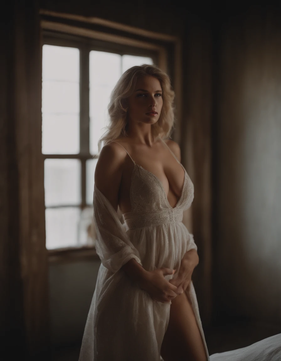 It generates a beautiful full-body blonde girl with an exaggeratedly voluptuous body, large and voluminous breasts, dressed in an extra large wet white flannel, which covers her entire body, wet hair, 8k UHD resolution, ultra sharp, masterpiece, that the f...