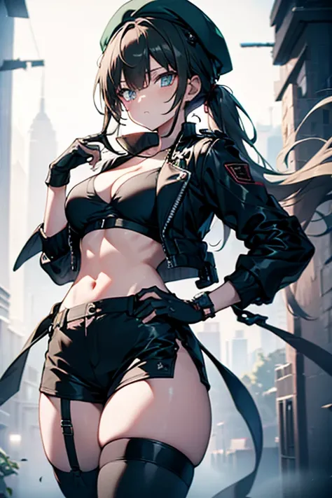 ubel,dark green hair,long hair,side ponytail,hair between eyes,bangs, BREAK (beret, black jacket, open clothes, cleavage, midriff, black shorts, black thighhighs, thigh strap, fingerless gloves, single glove:1.2) BREAK blurry background, BREAK pose, hand o...