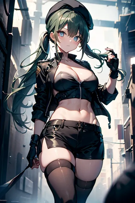 ubel,dark green hair,long hair,side ponytail,hair between eyes,bangs, BREAK (beret, black jacket, open clothes, cleavage, midriff, black shorts, black thighhighs, thigh strap, fingerless gloves, single glove:1.2) BREAK blurry background, BREAK pose, hand o...